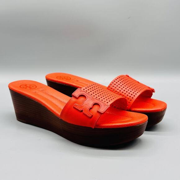 Tory Burch Sandals Womens 10 Orange Leather Mikael Wedge Slide Platform Logo - Picture 2 of 10